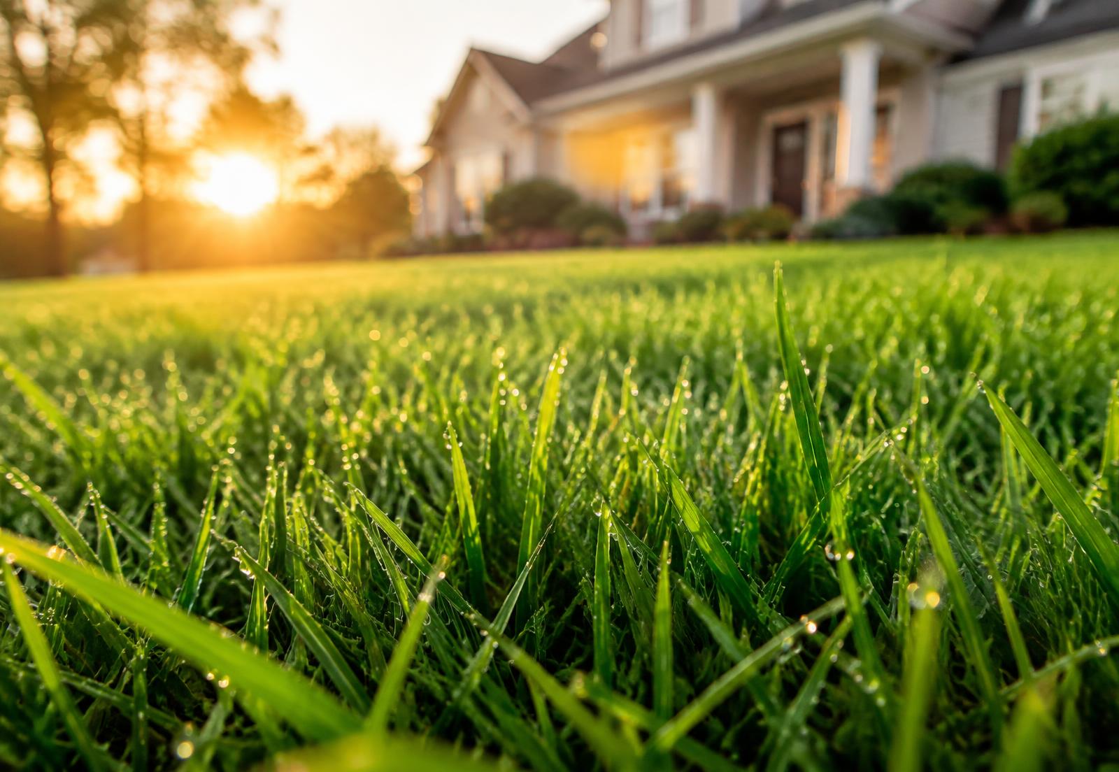 Thick green tall fescue lawn at sunrise